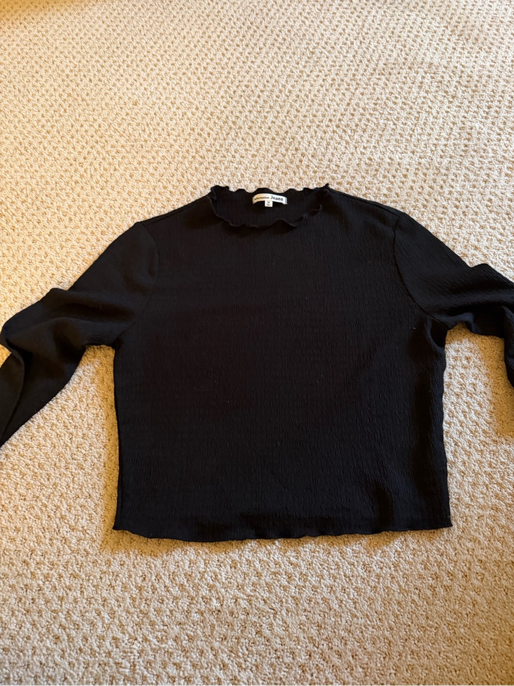 Reformation Jeans Black Long Sleeve Textured Top Size M Ruffle Neck